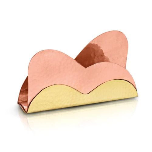 NAPKIN HOLDER-Handcrafted Pure Copper Hammered Wave Tissue Paper Holder with Two-Tone Brass Base Stand
