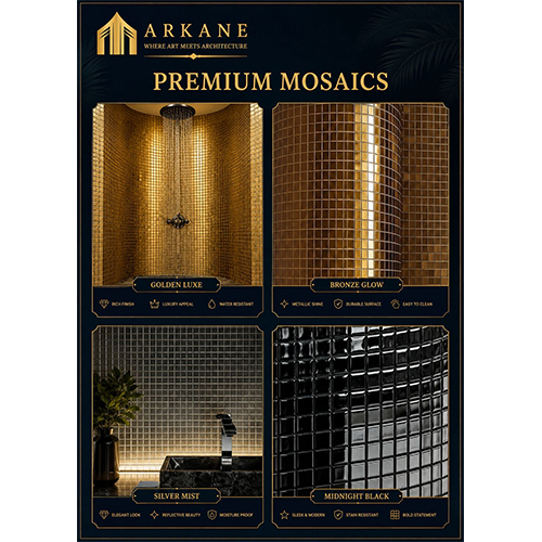 PREMIUM GLASS MOSAIC TILE - Premium Glass, 30x30 cm Sheets, Gold Black Silver, Heat Resistant, Glossy Finish