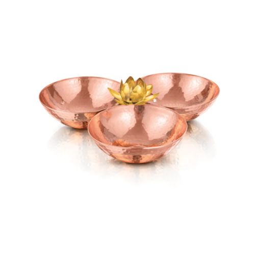 Mukhwas Tray-handcrafted Pure Copper Hammered 3-bowl Mukhwas Serving Tray With Brass Lotus Flower Centerpiece Accent - Color: Coper