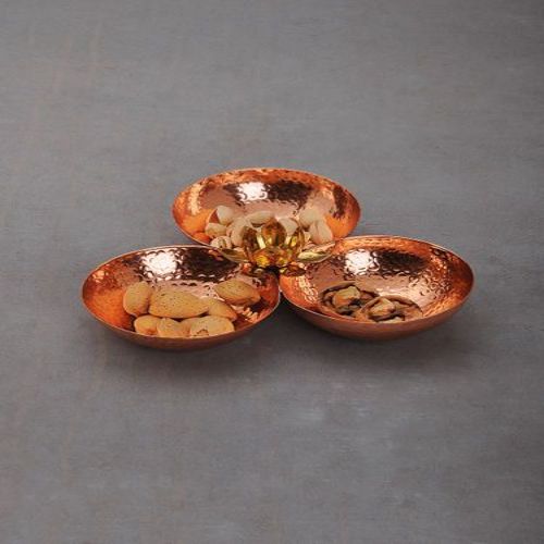 MUKHWAS TRAY-Handcrafted Pure Copper Hammered 3-Bowl Mukhwas Serving Tray with Brass Lotus Flower Centerpiece Accent