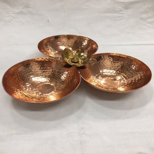 MUKHWAS TRAY-Handcrafted Pure Copper Hammered 3-Bowl Mukhwas Serving Tray with Brass Lotus Flower Centerpiece Accent