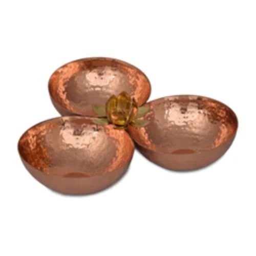MUKHWAS TRAY-Handcrafted Pure Copper Hammered 3-Bowl Mukhwas Serving Tray with Brass Lotus Flower Centerpiece Accent
