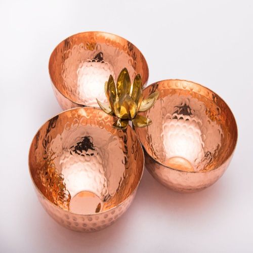 MUKHWAS TRAY-Handcrafted Pure Copper Hammered 3-Bowl Mukhwas Serving Tray with Brass Lotus Flower Centerpiece Accent