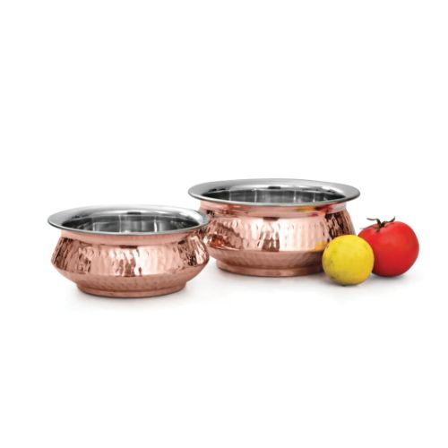 Biryani Handi-Handcrafted Steel-Copper Double Wall Hammered Serving Handi Bowl Set. - Color: Coper And Silver