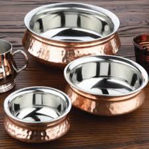 BIRYANI HANDI-Handcrafted Steel-Copper Double Wall Hammered Serving Handi Bowl Set.