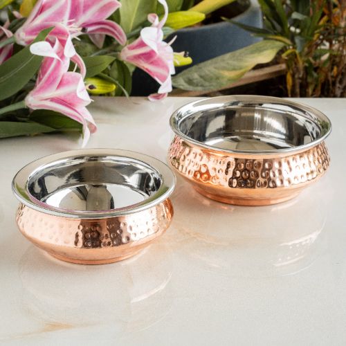 BIRYANI HANDI-Handcrafted Steel-Copper Double Wall Hammered Serving Handi Bowl Set.