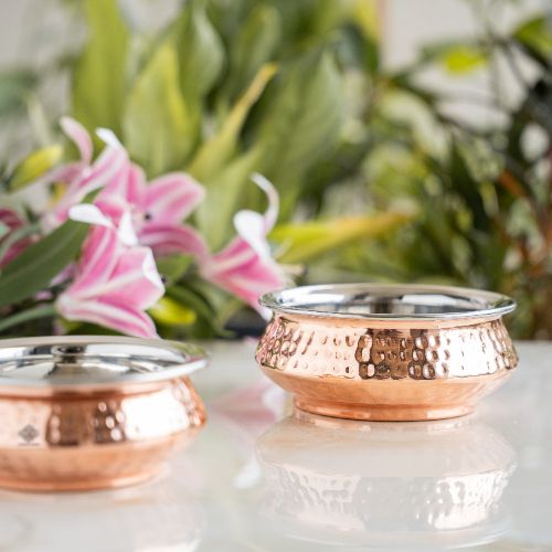 BIRYANI HANDI-Handcrafted Steel-Copper Double Wall Hammered Serving Handi Bowl Set.