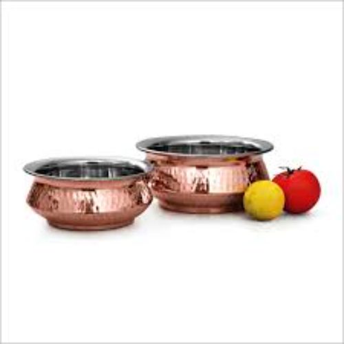 BIRYANI HANDI-Handcrafted Steel-Copper Double Wall Hammered Serving Handi Bowl Set.