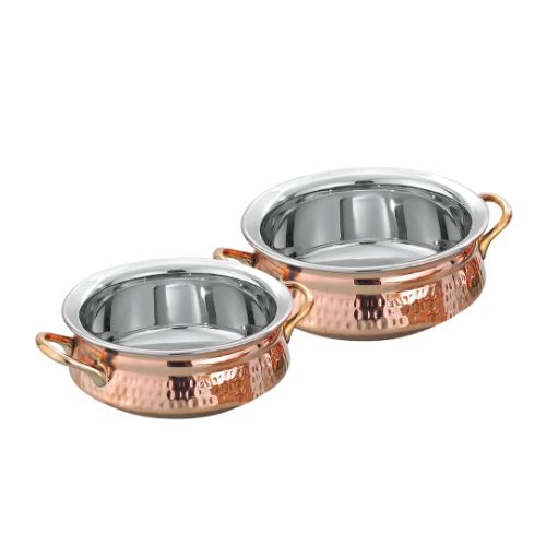 Serving Handi Welded Handle-Handcrafted Steel-Copper Double Wall Hammered Serving Kadhai Set With Brass Handles. - Capacity: 1900 Milliliter (Ml)