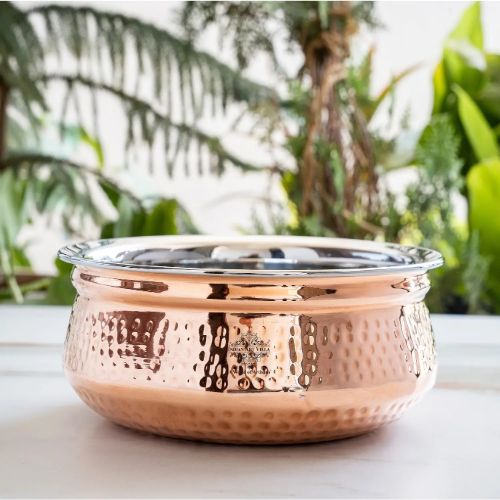 SERVING HANDI WELDED HANDLE-Handcrafted Steel-Copper Double Wall Hammered Serving Kadhai Set with Brass Handles.