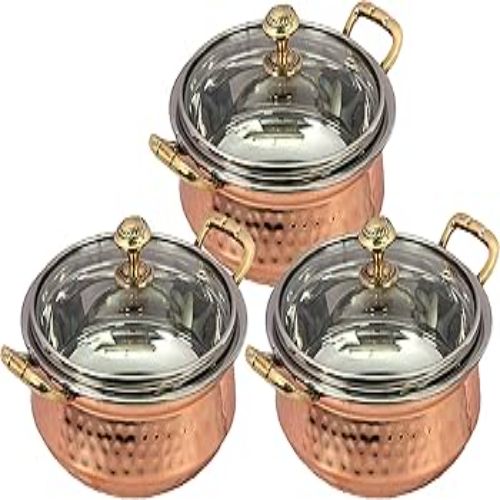 SERVING HANDI WELDED HANDLE-Handcrafted Steel-Copper Double Wall Hammered Serving Kadhai Set with Brass Handles.