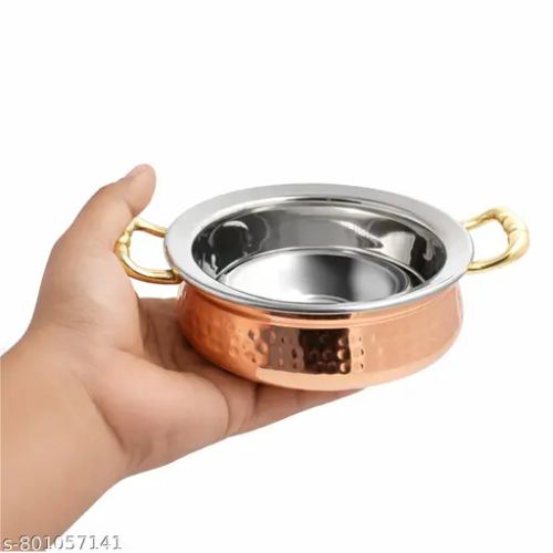 SERVING HANDI WELDED HANDLE-Handcrafted Steel-Copper Double Wall Hammered Serving Kadhai Set with Brass Handles.