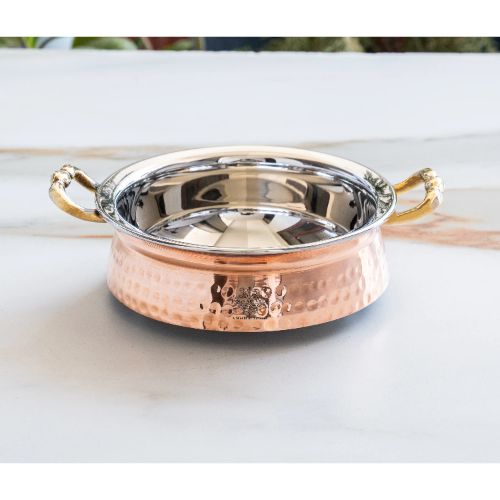 SERVING HANDI WELDED HANDLE-Handcrafted Steel-Copper Double Wall Hammered Serving Kadhai Set with Brass Handles.