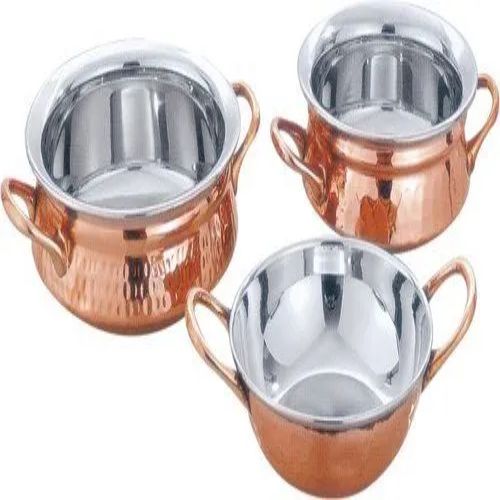 SERVING HANDI WELDED HANDLE-Handcrafted Steel-Copper Double Wall Hammered Serving Kadhai Set with Brass Handles.