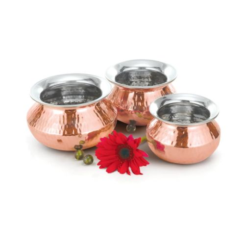 PUNJABI HANDI- Handcrafted Steel-Copper Double Wall Hammered Serving Handi Set with Brass Legs