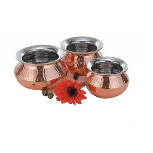 PUNJABI HANDI- Handcrafted Steel-Copper Double Wall Hammered Serving Handi Set with Brass Legs