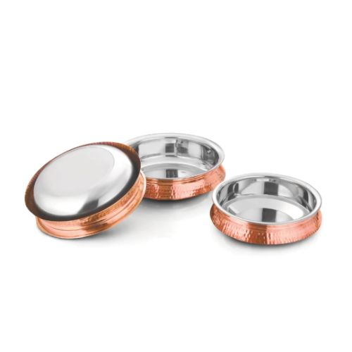 Induction Handi-Handcrafted Steel-Copper Double Wall Hammered Urli Serving Dish Bowl Set. - Capacity: 3500 Milliliter (Ml)