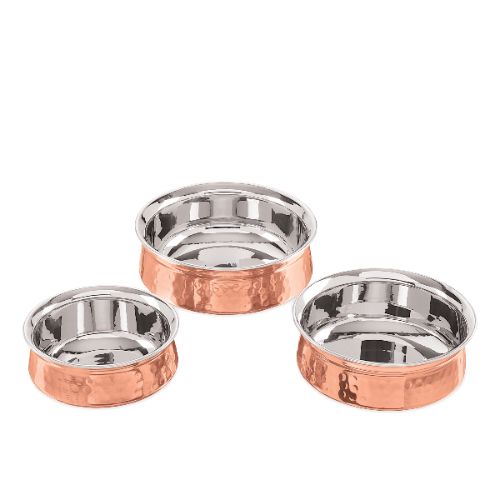 INDUCTION HANDI-Handcrafted Steel-Copper Double Wall Hammered Urli Serving Dish Bowl Set.