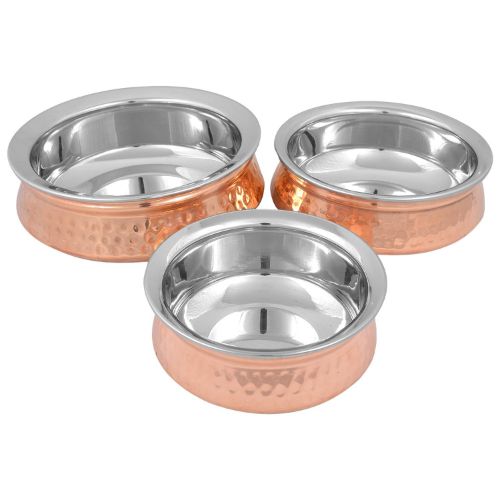 INDUCTION HANDI-Handcrafted Steel-Copper Double Wall Hammered Urli Serving Dish Bowl Set.