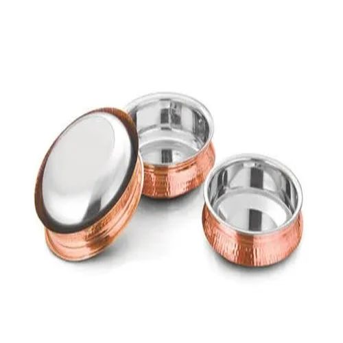 INDUCTION HANDI-Handcrafted Steel-Copper Double Wall Hammered Urli Serving Dish Bowl Set.