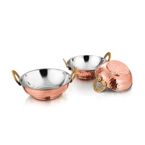 Biryani Karahi-Handcrafted Steel-Copper Double Wall Hammered Karahi Serving Bowl Set With Royal Engraved Brass Handles. - Capacity: 1400 Milliliter (Ml)