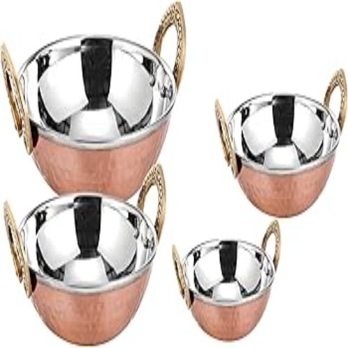 BIRYANI KARAHI-Handcrafted Steel-Copper Double Wall Hammered Karahi Serving Bowl Set with Royal Engraved Brass Handles.