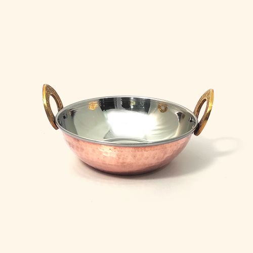 BIRYANI KARAHI-Handcrafted Steel-Copper Double Wall Hammered Karahi Serving Bowl Set with Royal Engraved Brass Handles.