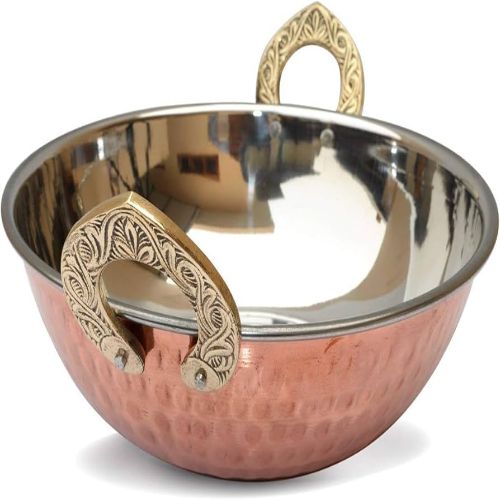 BIRYANI KARAHI-Handcrafted Steel-Copper Double Wall Hammered Karahi Serving Bowl Set with Royal Engraved Brass Handles.
