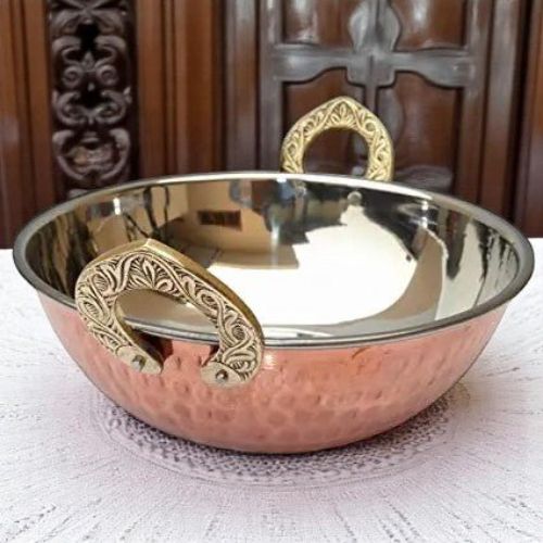 BIRYANI KARAHI-Handcrafted Steel-Copper Double Wall Hammered Karahi Serving Bowl Set with Royal Engraved Brass Handles.