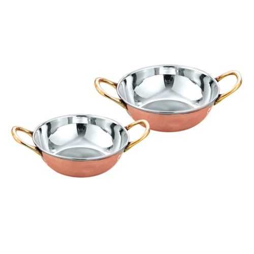 SERVING KARAHI WELDED HANDLE-Handcrafted Steel-Copper Double Wall Plain Mirror-Finish Karahi Serving Bowl Set with Tubular Brass Handles.