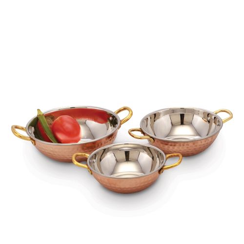 SERVING KARAHI WELDED HANDLE-Handcrafted Steel-Copper Double Wall Plain Mirror-Finish Karahi Serving Bowl Set with Tubular Brass Handles.