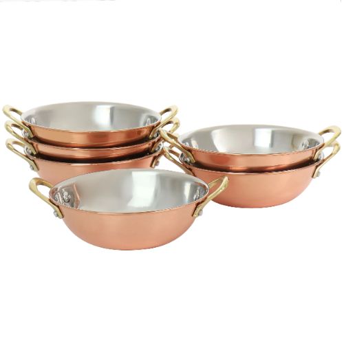 SERVING KARAHI WELDED HANDLE-Handcrafted Steel-Copper Double Wall Plain Mirror-Finish Karahi Serving Bowl Set with Tubular Brass Handles.