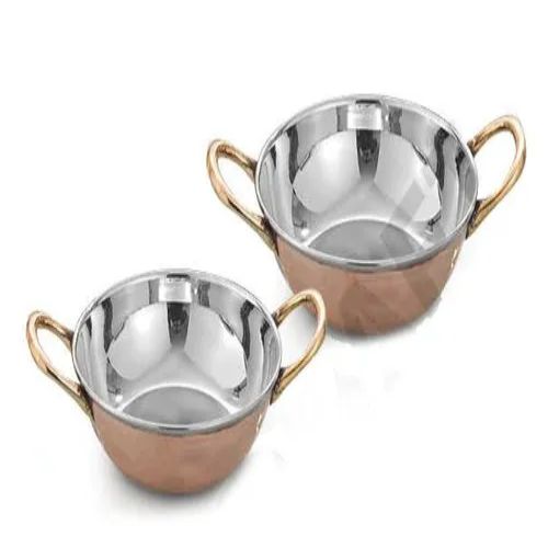 SERVING KARAHI WELDED HANDLE-Handcrafted Steel-Copper Double Wall Plain Mirror-Finish Karahi Serving Bowl Set with Tubular Brass Handles.