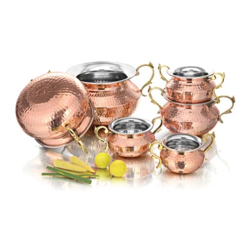 Punjabi Handi Welded Handle-Handcrafted Steel-Copper Double Wall Hammered Luxury Serving Handi And Degchi Culinary Set With Royal Crown Brass Handles And Lids. - Capacity: 4000 Milliliter (Ml)