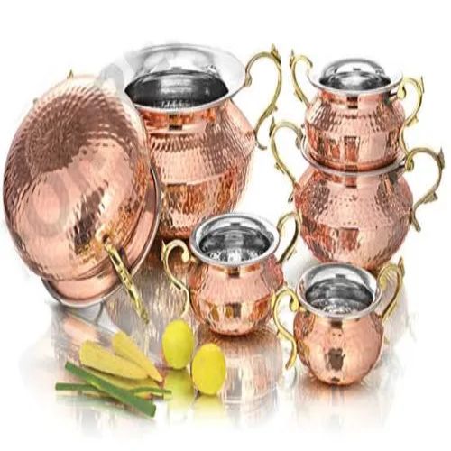 PUNJABI HANDI WELDED HANDLE-Handcrafted Steel-Copper Double Wall Hammered Luxury Serving Handi and Degchi Culinary Set with Royal Crown Brass Handles and Lids.