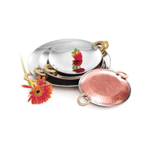 Serving Tawa- Handcrafted Steel-copper Double Wall Hammered Serving Tawa Platter Set With Intricate Textured Brass Ring Handles. - Color: Coper