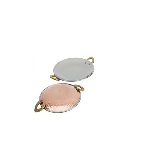 SERVING TAWA- Handcrafted Steel-Copper Double Wall Hammered Serving Tawa Platter Set with Intricate Textured Brass Ring Handles.