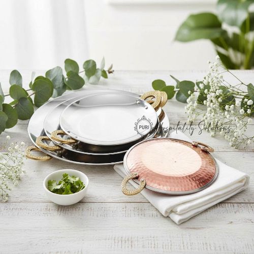 SERVING TAWA- Handcrafted Steel-Copper Double Wall Hammered Serving Tawa Platter Set with Intricate Textured Brass Ring Handles.