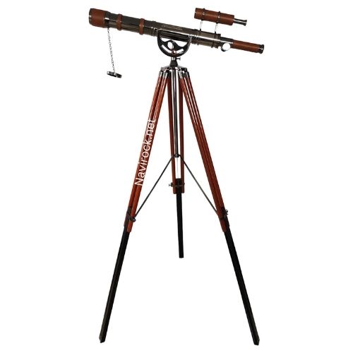 Nautical Floor Standing Telescope Antique Brass & Black Chrome Double Barrel with Leather Wrap | 62