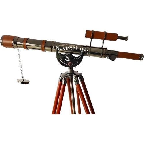 Nautical Floor Standing Telescope Antique Brass & Black Chrome Double Barrel with Leather Wrap | 62