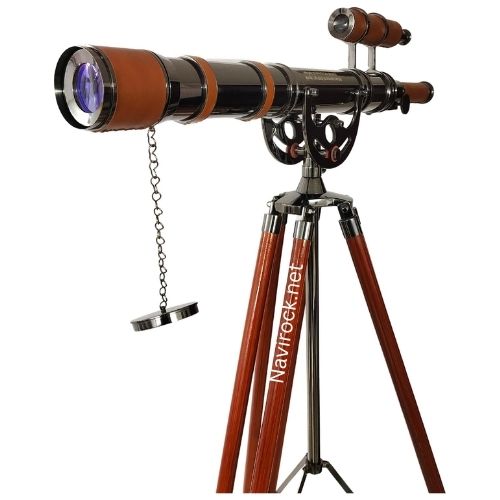 Nautical Floor Standing Telescope Antique Brass & Black Chrome Double Barrel with Leather Wrap | 62