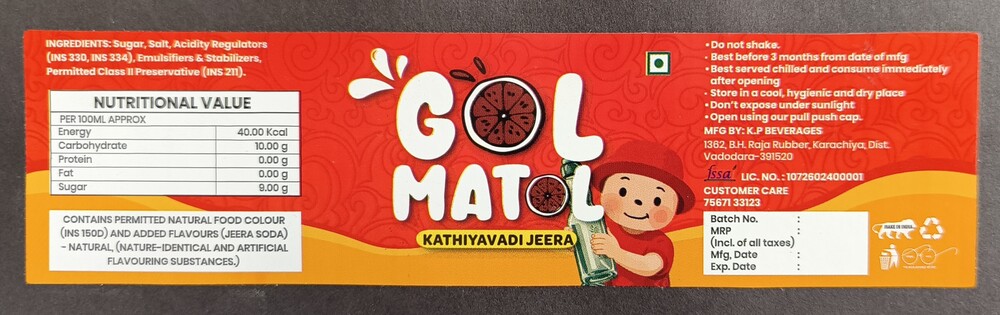 Gol Matol Kathiyavadi Jeera Beverage Labels - Color: Multi-Color (Primary Red With Yellow And White Highlights)