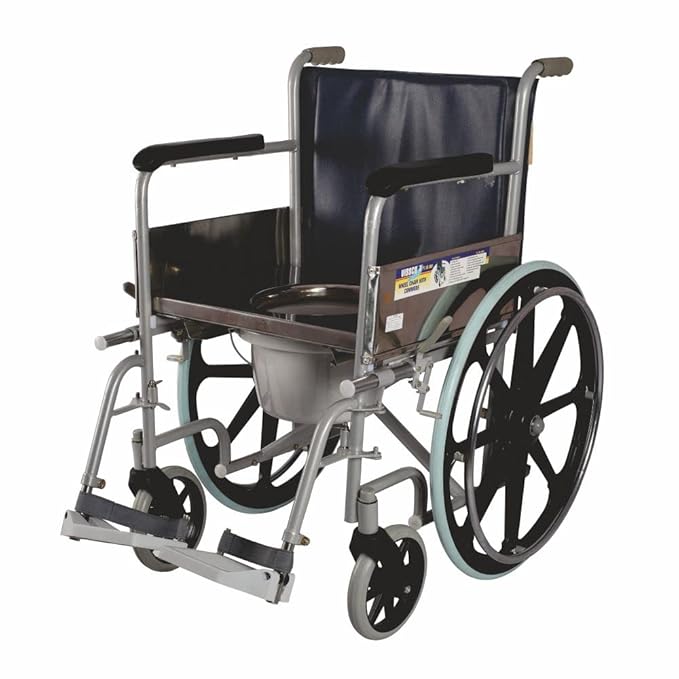 Vissco Comfort Wheelchair with Commode, Foldable, Fixed Armrest and Removable Footrest, Washable Plastic Bucket, for Elderly and Physically Challenged, Weight Capacity 110kg (Universal, Grey)