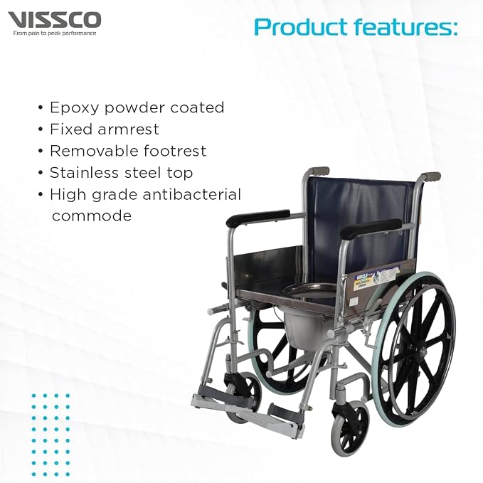 Vissco Comfort Wheelchair with Commode, Foldable, Fixed Armrest and Removable Footrest, Washable Plastic Bucket, for Elderly and Physically Challenged, Weight Capacity 110kg (Universal, Grey)
