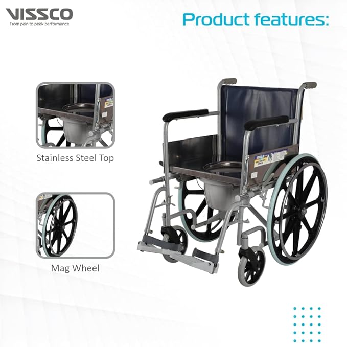 Vissco Comfort Wheelchair with Commode, Foldable, Fixed Armrest and Removable Footrest, Washable Plastic Bucket, for Elderly and Physically Challenged, Weight Capacity 110kg (Universal, Grey)