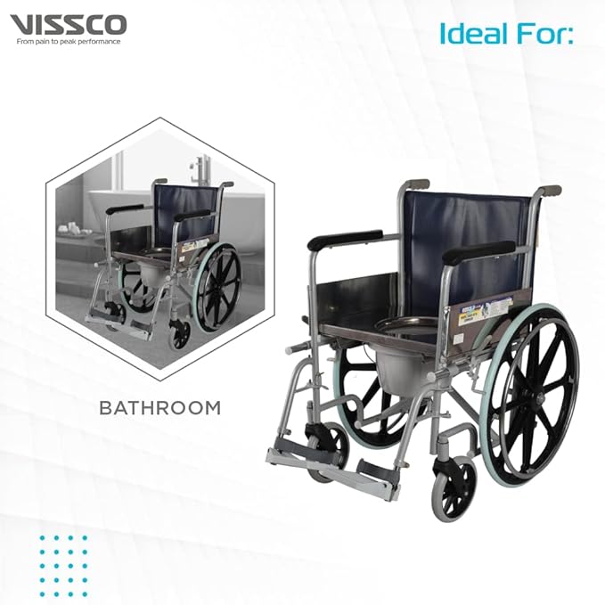 Vissco Comfort Wheelchair with Commode, Foldable, Fixed Armrest and Removable Footrest, Washable Plastic Bucket, for Elderly and Physically Challenged, Weight Capacity 110kg (Universal, Grey)