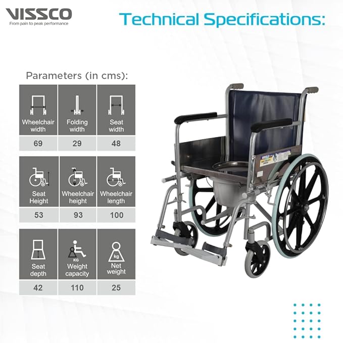 Vissco Comfort Wheelchair with Commode, Foldable, Fixed Armrest and Removable Footrest, Washable Plastic Bucket, for Elderly and Physically Challenged, Weight Capacity 110kg (Universal, Grey)