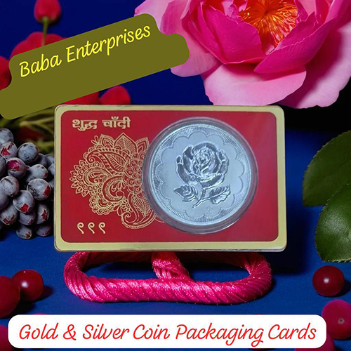 Shudh Chandi Packaging Card - Cardboard/Plastic, Standard Size 5.5x9 cm, Red with Gold Accents | Traditional Indian Floral Motif, Transparent Coin Window, Glossy Finish