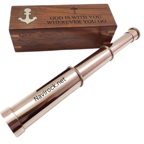 Vintage Brass Handheld Telescope with Copper Finish God is with You Wherever You Go | Spyglass in Wooden Box Home Decor