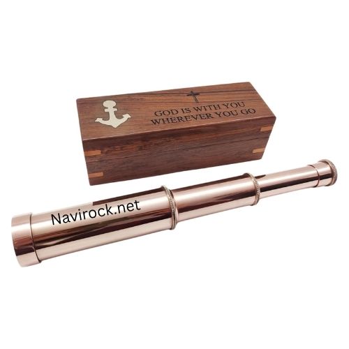 Vintage Brass Handheld Telescope with Copper Finish God is with You Wherever You Go | Spyglass in Wooden Box Home Decor